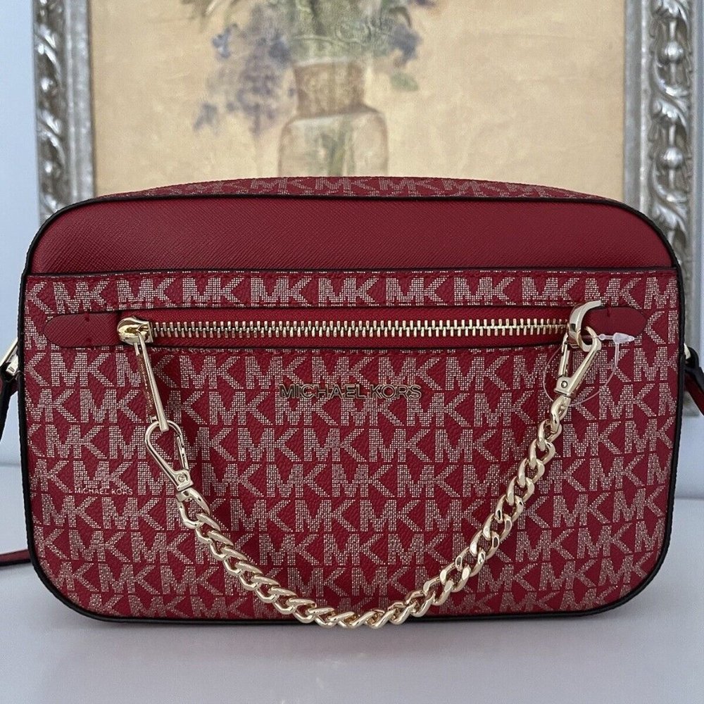 NWT Michael Kors Jet Set Item Large East West Zip Chain Crossbody Chili Red GOLD